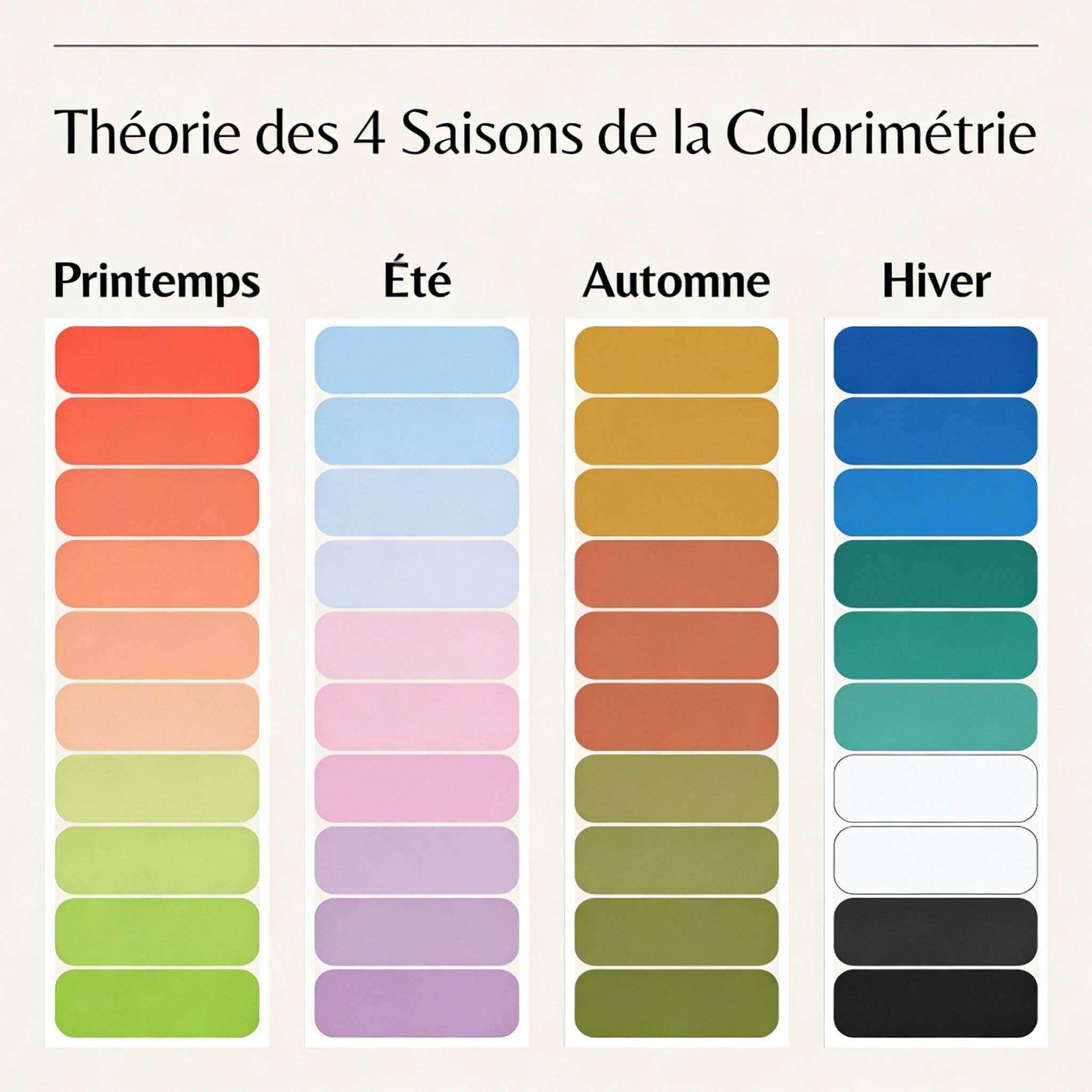 Les 4 saisons de la colorimétrie avec leurs palettes de couleurs respectives : printemps, été, automne, hiver