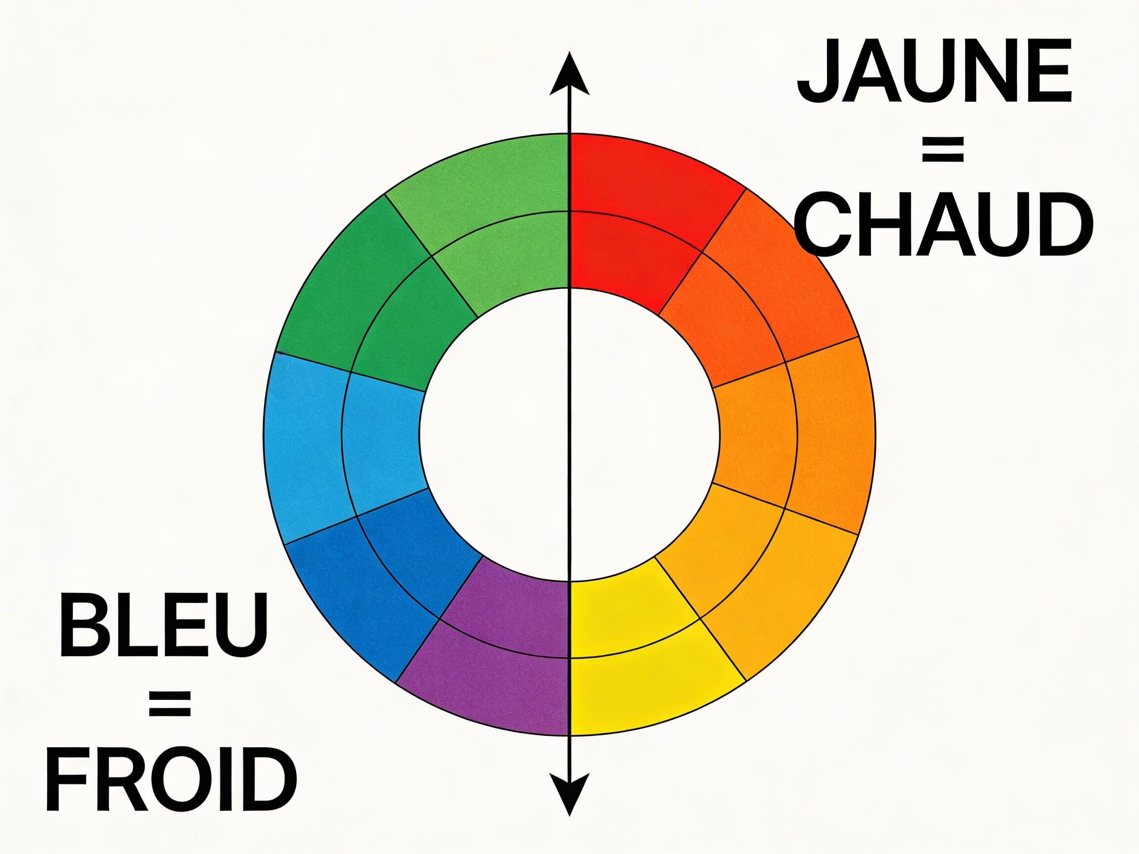 Cercle chromatique illustrant les couleurs chaudes et froides utilisées en colorimétrie